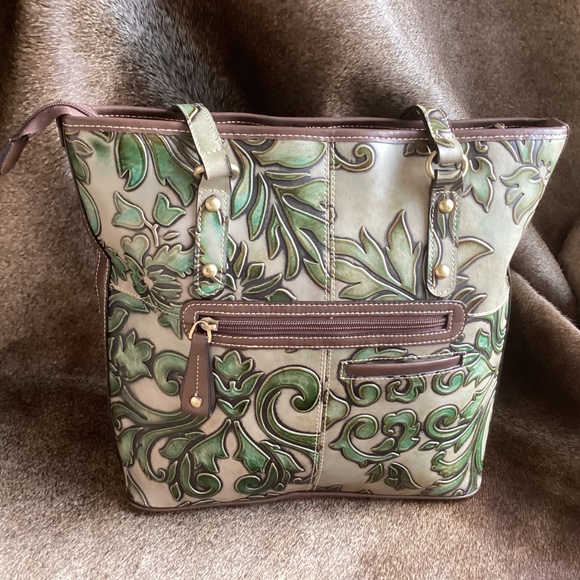 MC Marc Chantal Green Brown Etched Design Tote Handbag - Picture 2 of 10